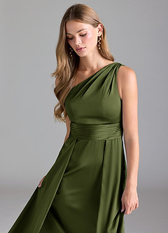 Azazie Dallas Bridesmaid Dresses Olive A-Line One Shoulder Stretch Satin Dress image6