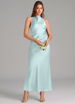 Azazie Evadne Vestidos de damas de honor Vestido de Vidrio Marino de Satén Elástico de Corte Recto con Plisado image3