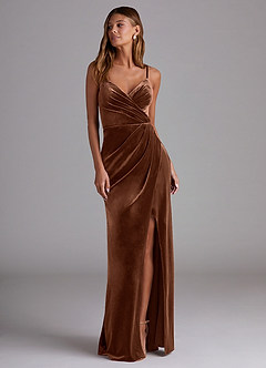 Azazie Maci Bridesmaid Dresses Umber Sheath Pleated Velvet Dress image4