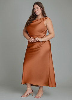 Azazie Kieryn Bridesmaid Dresses Copper Mermaid Pleated Stretch Satin Dress image9