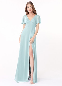 Azazie Kimber Brautjungfernkleider A-Linie Volantärmel Chiffon Kleid Nebel image1
