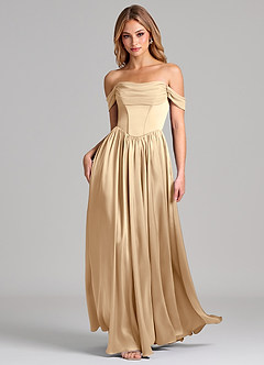 Azazie Raisa Bridesmaid Dresses Champagne A-Line Off the Shoulder Stretch Satin Dress image3