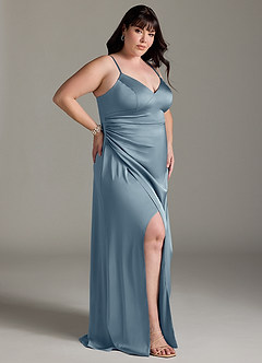 Azazie Marchella Bridesmaid Dresses Dusty Blue A-Line Corset Stretch Satin Dress image9