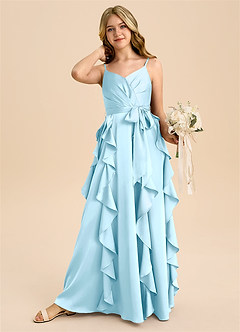 Azazie Peyton Junior Robe Trapèze en Satin extensible Plissée Bleu Ciel image2