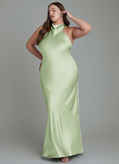 Azazie Velli Bridesmaid Dresses Dusty Sage Sheath High Neck Metallic Satin Dress image4