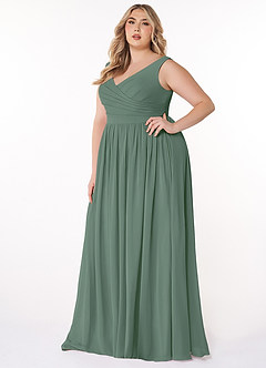 Azazie Keyla At-home Try On Dresses Eucalyptus A-Line V-Neck Pleated Chiffon Dress image8