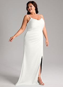 Azazie Deandra Vestidos de damas de honor Vestido Blanco de Satén Elástico de Corte Sirena con Plisado image11