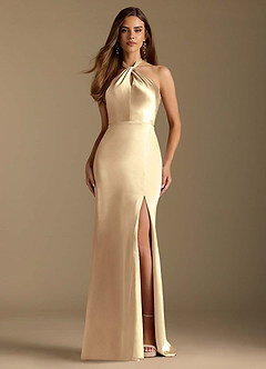 Azazie Tracie Bridesmaid Dresses Gold A-Line Pleated Metallic Satin Dress image1
