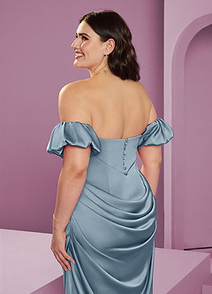 Barbie ♥ Azazie Abiti da Damigella Abito Convertibile Tubino in Raso Elasticizzato a Spalla Scoperta Blu Polveroso image17
