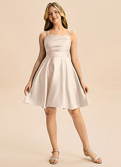Azazie Miko Junior White Alabaster A-Line Pleated Stretch Satin Dress image5