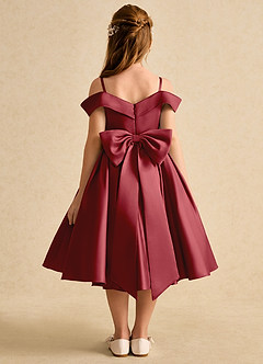 Azazie Favia Flower Girl Dresses Pomegranate A-Line Off the Shoulder Matte Satin Dress image2