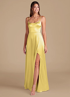 Azazie Halsey Bridesmaid Dresses Canary A-Line Side Slit Metallic Satin Dress image3