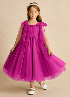 Azazie Dori Robe Demoiselle D'honneur Fillette Robe Trapèze en Tulle Rayé Fuchsia image2