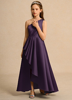 Azazie Taffy Junior Formal vestidos de niña de las flores Vestido de Ciruela de Satin Mate de Corte En A con Encaje image5