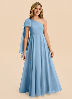 Azazie Averie Junior Vestido de Azul Acero de Gasa de Corte en A con Plisado image1