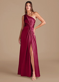 Azazie Brooke Bridesmaid Dresses Burgundy A-Line One Shoulder Metallic Satin Dress image1