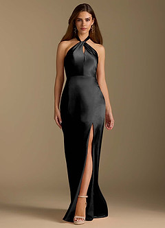 Azazie Tracie Final Sale Black A-Line Pleated Metallic Satin Dress image6