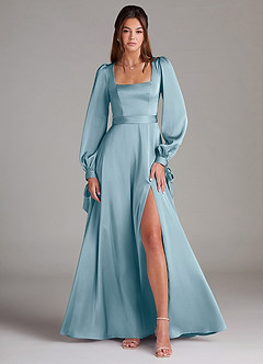 Azazie Leonia Bridesmaid Dresses Moody Blue A-Line Long Sleeve Stretch Satin Dress image1