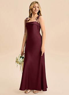 Azazie Willa Junior Vestido de Cabernet de Satén Elástico de Corte en A con Lazo image5