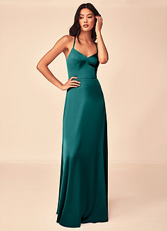 Azazie Mei Bridesmaid Dresses Peacock A-Line V-Neck Stretch Satin Dress image5