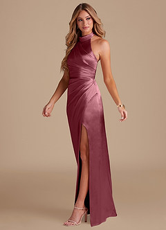 Azazie Jemma Vestidos de damas de honor Vestido de Rosa Del Desierto de Satén Metálico de Corte Recto con Plisado image4