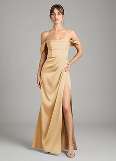 Azazie Johana Bridesmaid Dresses Gold Mermaid Off the Shoulder Stretch Satin Convertible Dress image1