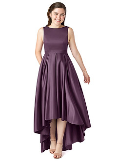Azazie Inaya Junior Plum A-Line with Belt Stretch Satin Dress image1