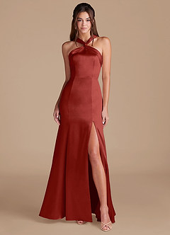 Azazie Rue Bridesmaid Dresses Rust Sheath Pleated Metallic Satin Dress image1