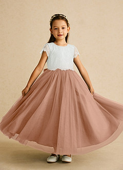 Azazie Bumblebee Flower Girl Dresses Ivory Champagne Rose A-Line Lace Tulle Dress image1