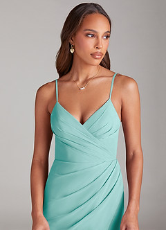 Azazie Maci Bridesmaid Dresses Aqua Sheath Pleated Chiffon Dress image5