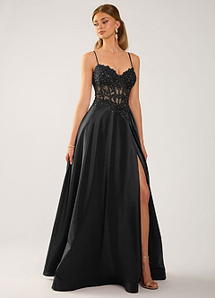 Isoldemark Black Corset Lace Satin Slit Prom Dress image4