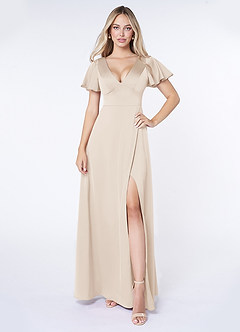 Azazie Lani Bridesmaid Dresses White Alabaster A-Line Flounce Sleeve Stretch Satin Dress image1