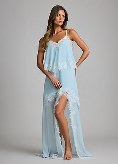 front Chiffon-Brautmorgenmantel/Nachthemd mit Spitzenbesatz, V-Ausschnitt, Seitenschlitz und langem Unterkleid