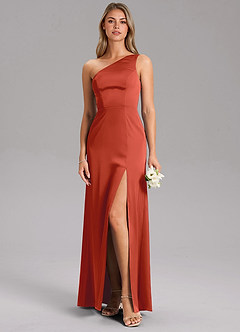 Azazie Feby Bridesmaid Dresses Rust A-Line One Shoulder Stretch Satin Dress image3