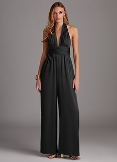 Azazie Oli Robes de demoiselle d'honneur Combinaison en Satin extensible Plissée Noir image3