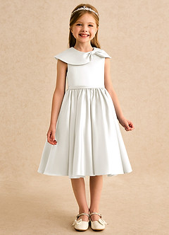 Azazie Acorn Flower Girl Dresses Ivory A-Line Pleated Matte Satin Dress image3