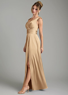 Azazie Karina Robes de demoiselle d'honneur Robe Trapèze en Satin extensible Plissée Champagne image3