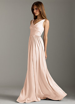 Azazie Keyla Bridesmaid Dresses Blushing Pink A-Line Pleated Stretch Satin Dress image7