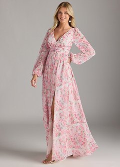 Azazie Norah Bridesmaid Dresses Abstract Watercolor Floral A-Line V-Neck Long Sleeve Chiffon Dress image4