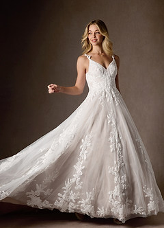 Azazie Delaina Wedding Dresses Diamond White Nude A-Line V-Neck Sequins Tulle Dress image8