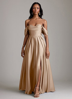 Azazie Loisa Abiti da Damigella Abito A-Line in Raso Elasticizzato a Spalla Scoperta Taupe image7