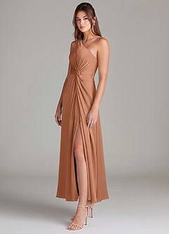 Azazie Brooke Robes de demoiselle d'honneur Robe Trapèze en Satin extensible Une épaule Bronze image5