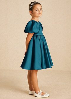Azazie Muffin Blumenmädchenkleider A-Linie mit ärmel Matte Satin Kleid Tintenblau image3