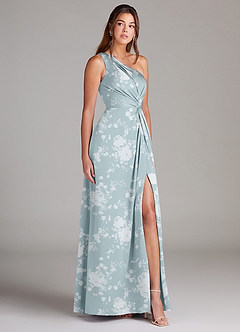 Azazie Brooke Vestidos de damas de honor Vestido de Floral Azul Polvo de Satén Elástico de Corte en A con Hombro unilateral image4