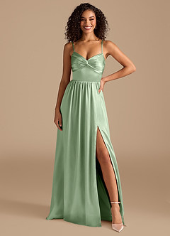 Azazie Zeya Bridesmaid Dresses Matcha A-Line Pleated Metallic Satin Dress image7