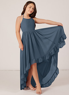 Azazie Sarafina Junior Robe Trapèze en Mousseline de soie Dentelle Neptune image4