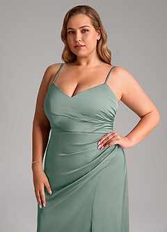 Azazie Azuree Essayer des robes à la maison Robe Trapèze en Satin extensible Plissée Eucalyptus image14