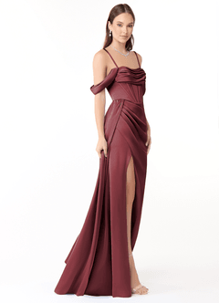 Azazie Amyra Bridesmaid Dresses Merlot Sheath Off the Shoulder Stretch Satin Convertible Dress image6