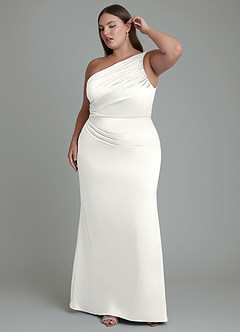 Azazie Akilah Robes de demoiselle d'honneur Robe Sirène en Satin extensible Asymétrique Blanc image10