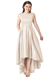 Azazie Inaya Junior White Alabaster A-Line with Belt Stretch Satin Dress image1